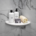 9 Inch Super White Engineered Marble Corner Shower Shelf, real-life Visualization in a Bathroom