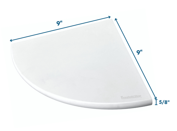 9 Inch Super White Engineered Marble Corner Shower Shelf, featuring its dimensions