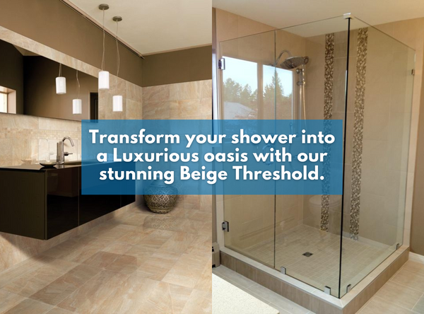 Beige Engineered Marble Threshold, Eased Edge, real-life Visualization in a bathroom