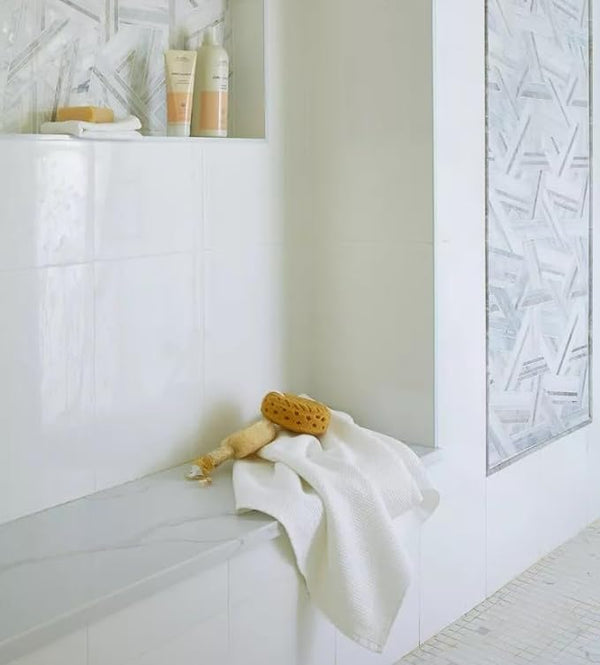Custom Size Shower Bench Seat White Carrara Marble, real-life Visualization in a White Bathroom