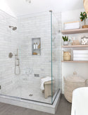 Custom Size White Carrara Marble Threshold, Eased Edge Design, real-life Visualization in a shower