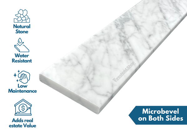 Custom Size White Carrara Marble Threshold, Eased Edge Design, Microbevel on Both Sides