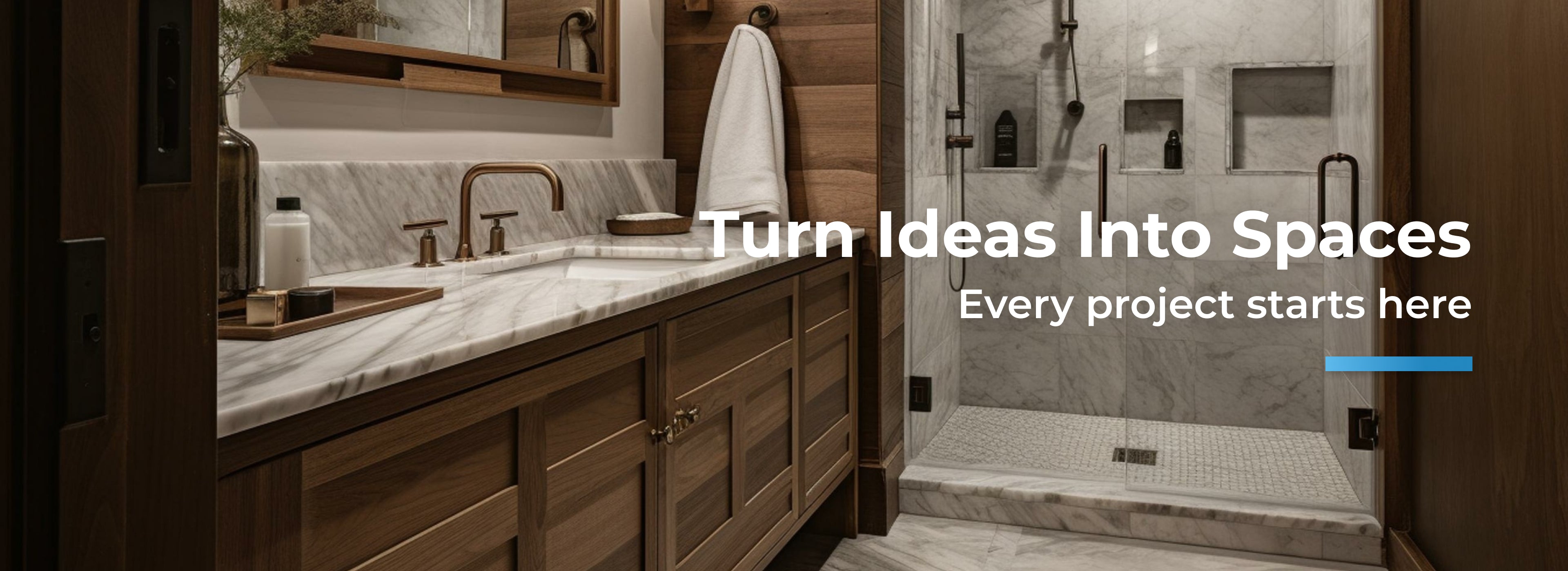 Bathroom interior with wooden cabinets, marble countertop, and shower area. Text overlay promoting design services.