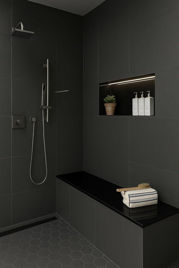 Custom Cut to Size – Super Black Polished Engineered Marble Shower Bench