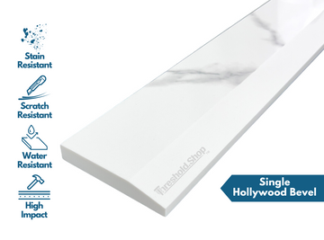 Calacatta Engineered Marble Threshold, Single Hollywood Bevel, description of the material strength